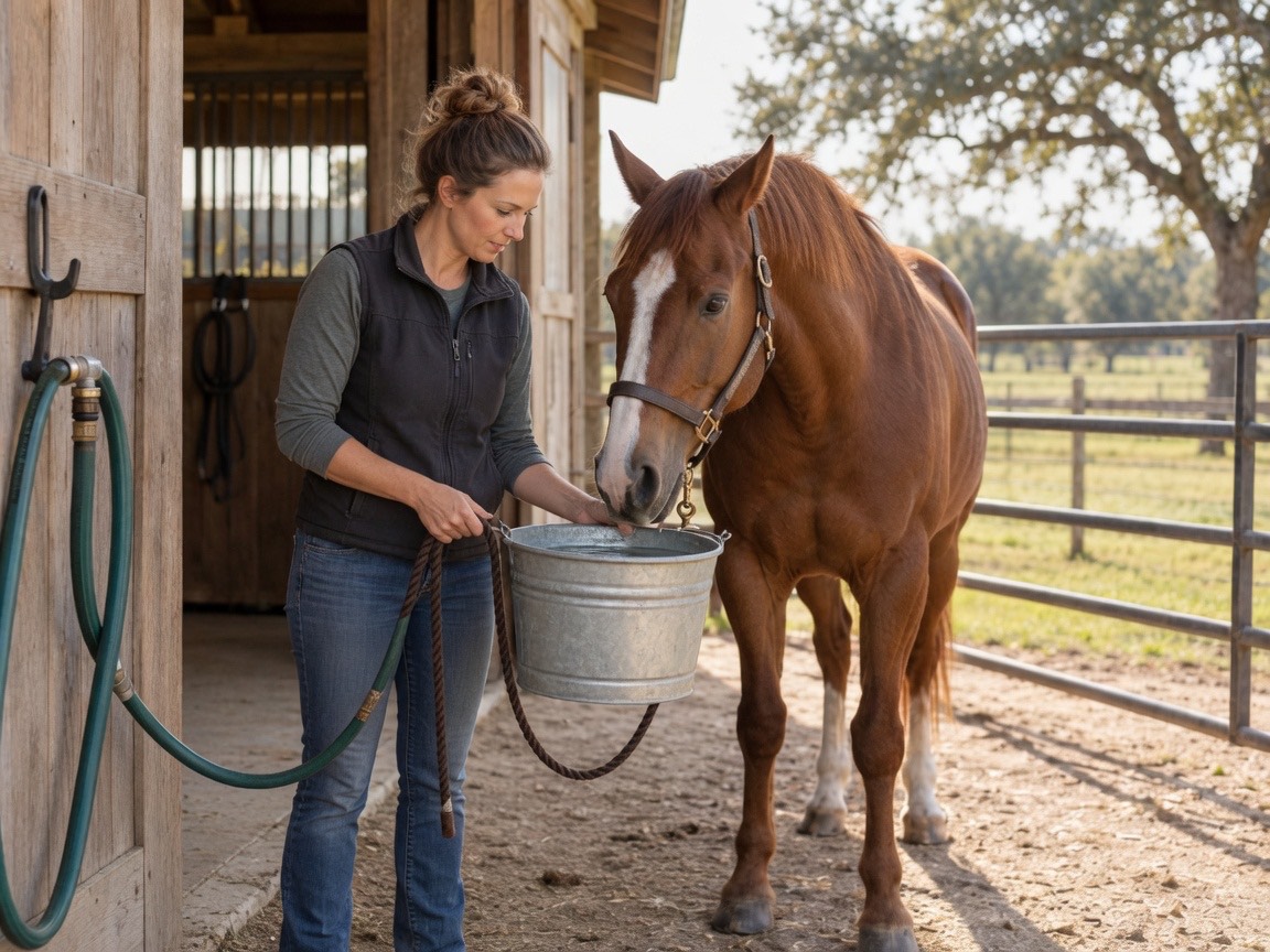 A caregiver completing routine horse care